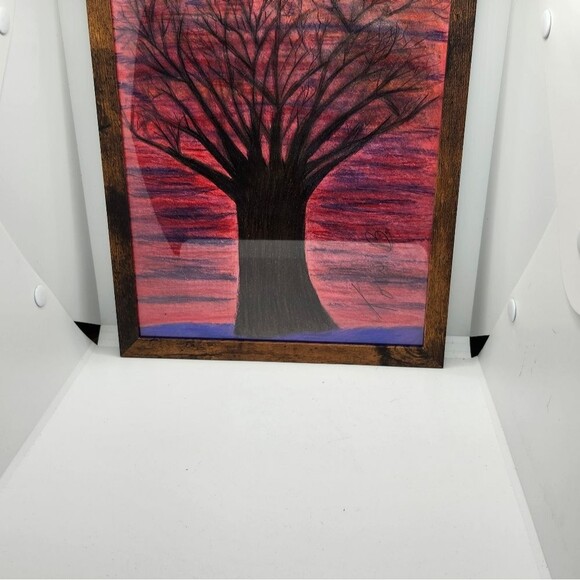 Hand Crafted Sunset Winter Tree Colored Pencil Drawing Framed 9x11" - Picture 8 of 14